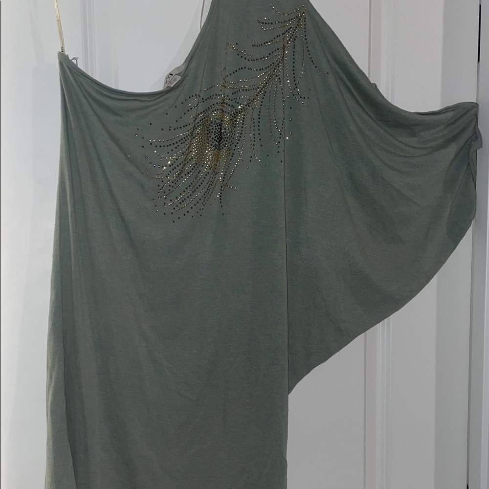 Forever 21 Sage Green One-Shoulder Top with Gold and Black Studs